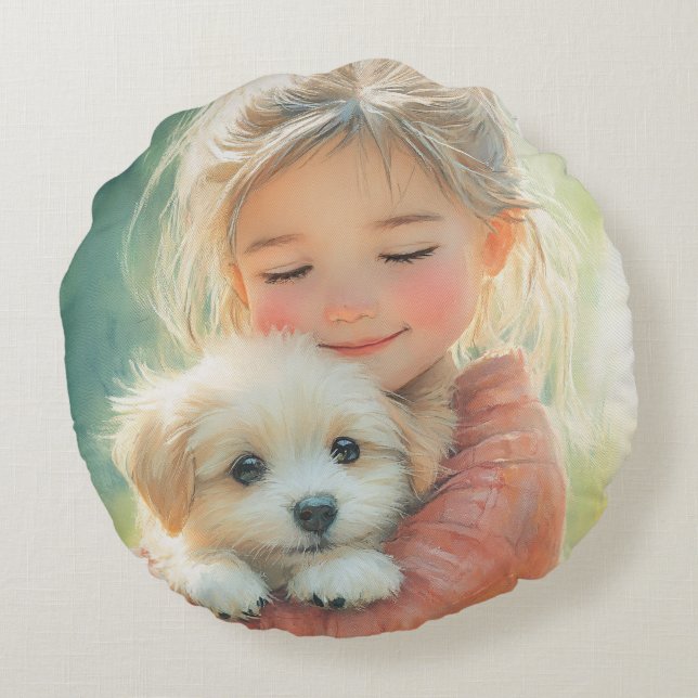 Sweet Watercolor Girl and Puppy Pillow (Back)