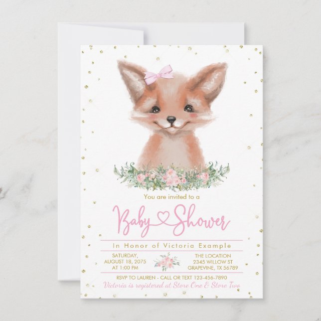 Sweet Watercolor Girl Fox Baby Shower Invitation (Front)