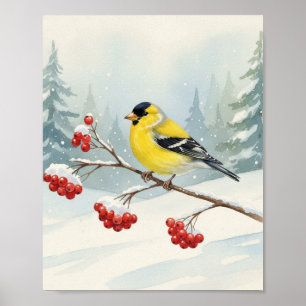 Sweet Watercolor Goldfinch Bird on Snowy Berry Poster