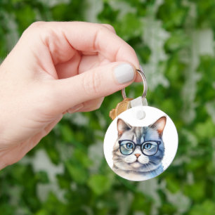 Sweet Watercolor Grey Cat Personalised Key Ring