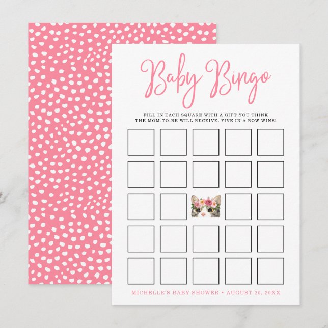 Sweet Watercolor Kitty Baby Shower Bingo Card (Front/Back)