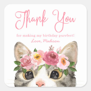 Sweet Watercolor Kitty Birthday Party Thank You Square Sticker