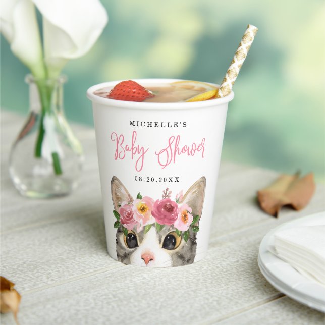Sweet Watercolor Kitty Girl Baby Shower Paper Cups (Insitu)