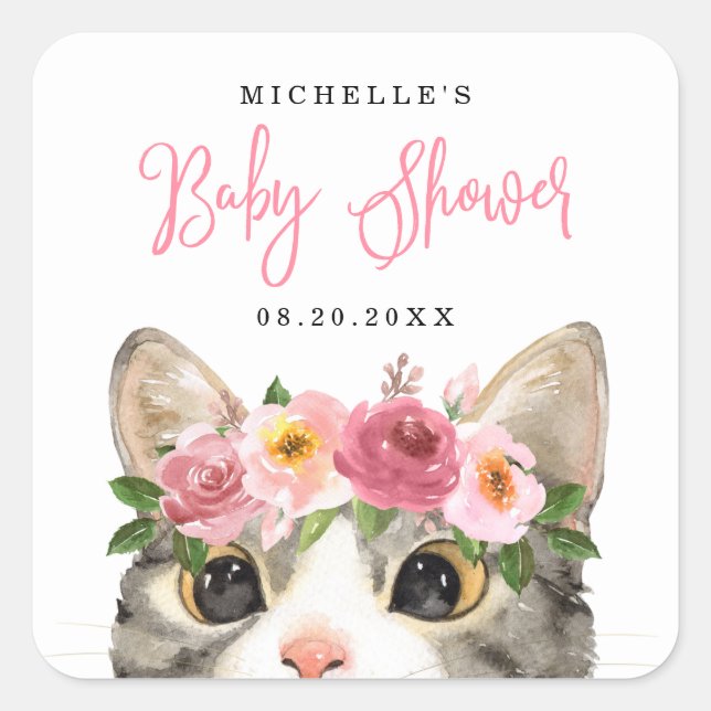 Sweet Watercolor Kitty Girl Baby Shower Square Sticker (Front)