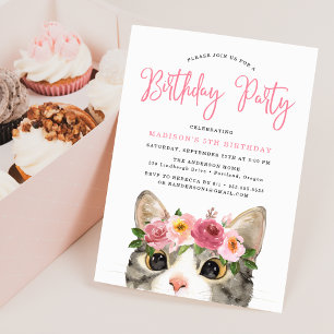 Sweet Watercolor Kitty Kid's Birthday Party Invitation