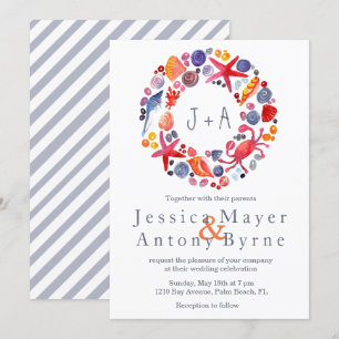 Sweet Watercolor Nautical Wreath Beach Wedding Invitation