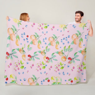 Sweet Watercolor Orchard Cottagecore Fruit Pattern Fleece Blanket
