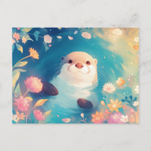 Sweet Watercolor Otter Floral Pond Postcard