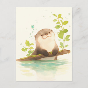 Sweet Watercolor Otter on Mossy Branch Postcard
