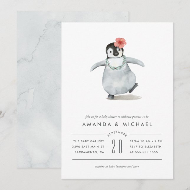 Sweet Watercolor Penguin Baby Shower Invitation (Front/Back)