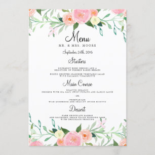 Sweet Watercolor Pink Peach Wedding Dinner Menu