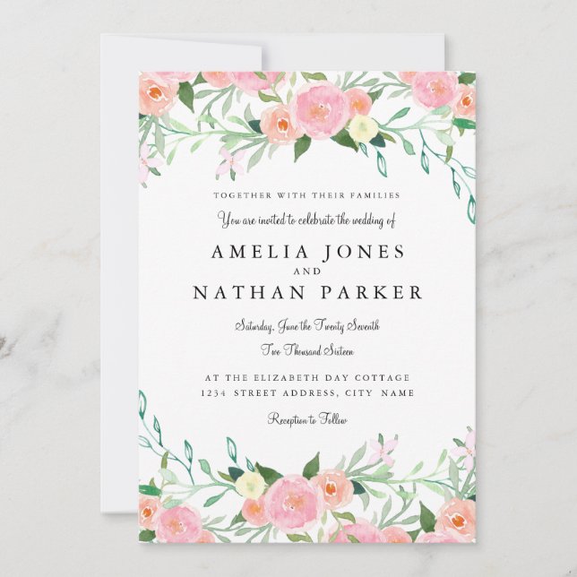 Sweet Watercolor Pink Peach Wedding Invitation (Front)
