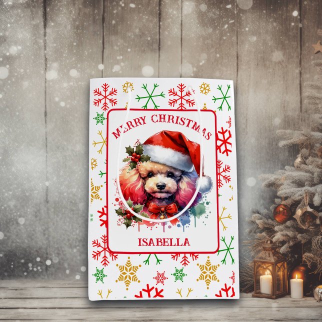 Sweet Watercolor Poodle in Santa Hat Medium Gift Bag (Creator Uploaded)