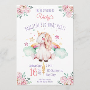 Sweet Watercolor Rainbow Flowers Unicorn Birthday Invitation
