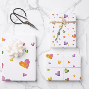 Sweet Watercolor Rainbow Hearts Pattern Wrapping Paper Sheet