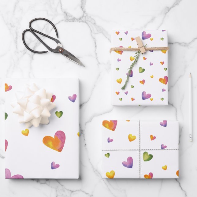 Sweet Watercolor Rainbow Hearts Pattern Wrapping Paper Sheet (Front)