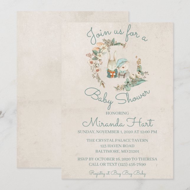 Sweet Watercolor Rustic Animals Baby Shower Invitation (Front/Back)