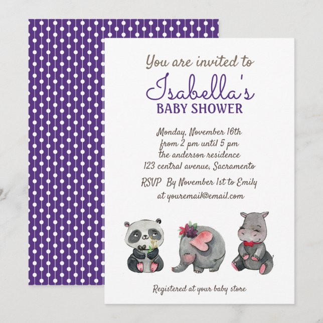 Sweet Watercolor Safari Animals Baby Shower Invitation (Front/Back)
