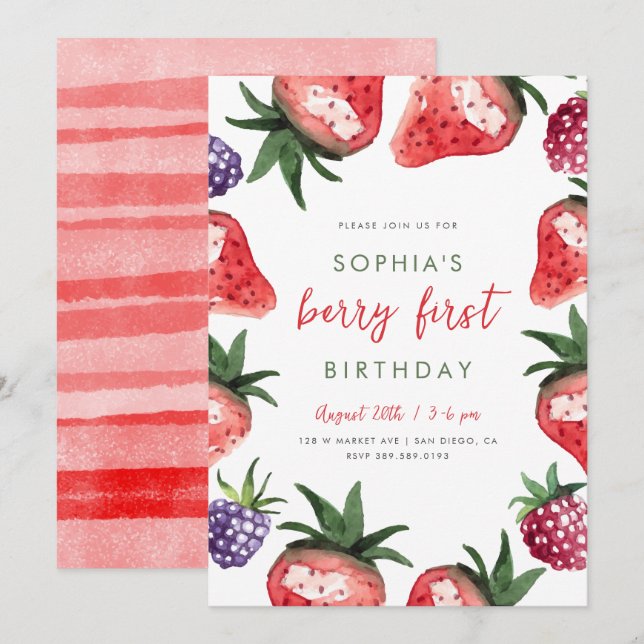 Sweet Watercolor Strawberries Berry First Birthday Invitation (Front/Back)