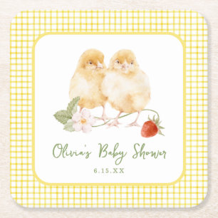 Sweet Watercolor Strawberry Chicks Baby Shower Square Paper Coaster