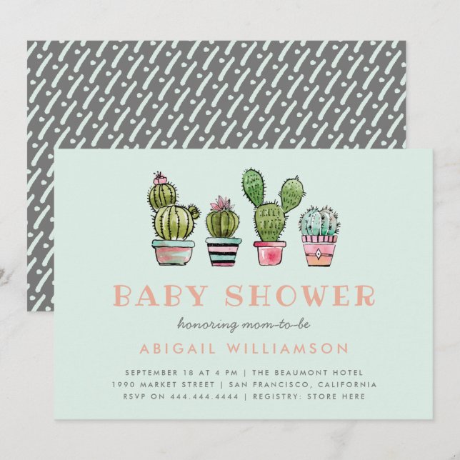 Sweet Watercolor Succulent Cactus Baby Shower Invitation (Front/Back)