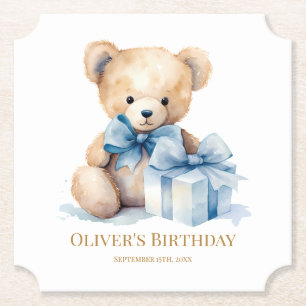 Sweet Watercolor Teddy Bear First Birthday Paper Coaster