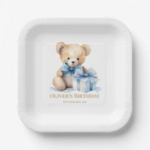 Sweet Watercolor Teddy Bear First Birthday Paper Plate