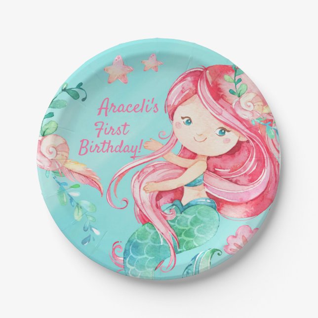 Sweet Watercolor Under Sea Mermaid Girly Birthday Paper Plate (Front)