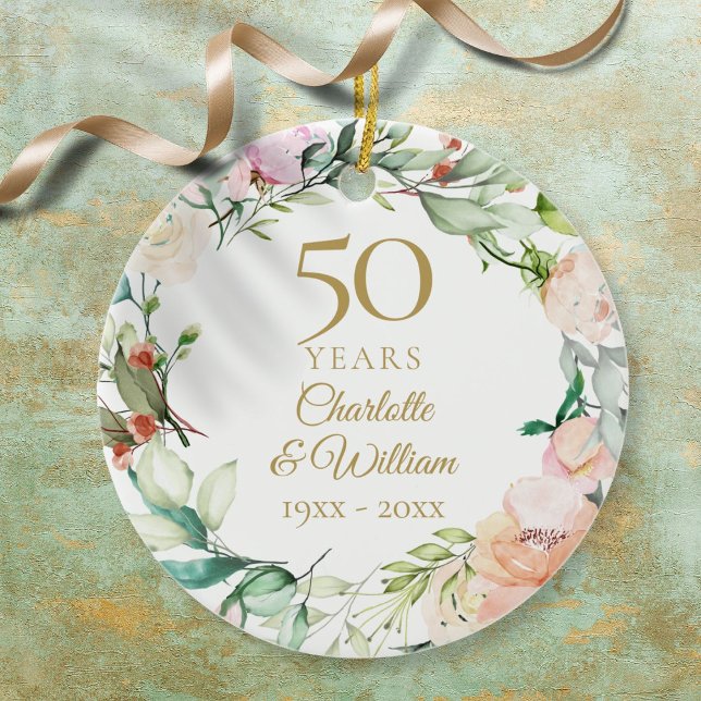 Sweet Watercolour Roses Garland 50th Anniversary Ceramic Tree Decoration (Sweet Watercolour Roses Garland 50th Anniversary Ceramic Ornament)