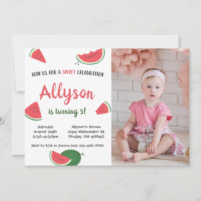 Sweet Watermelon Any Age Birthday Photo Invitation (Front)