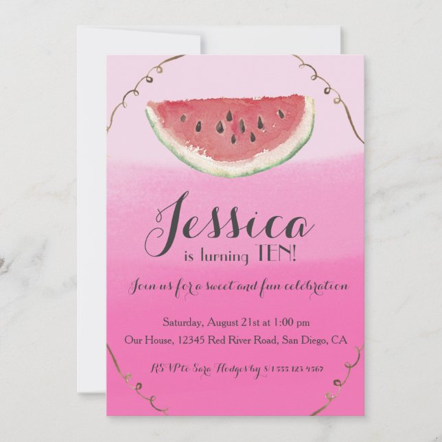 Sweet Watermelon Birthday Invitation for Girls (Front)