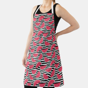 Sweet Watermelon on Stripes Black & White Pattern Apron