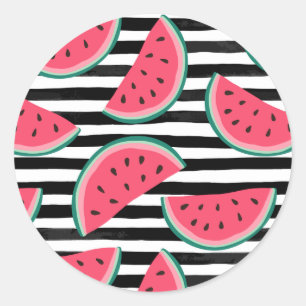Sweet Watermelon on Stripes Black & White Pattern Classic Round Sticker