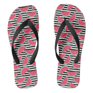 Sweet Watermelon on Stripes Black & White Pattern Flip Flops
