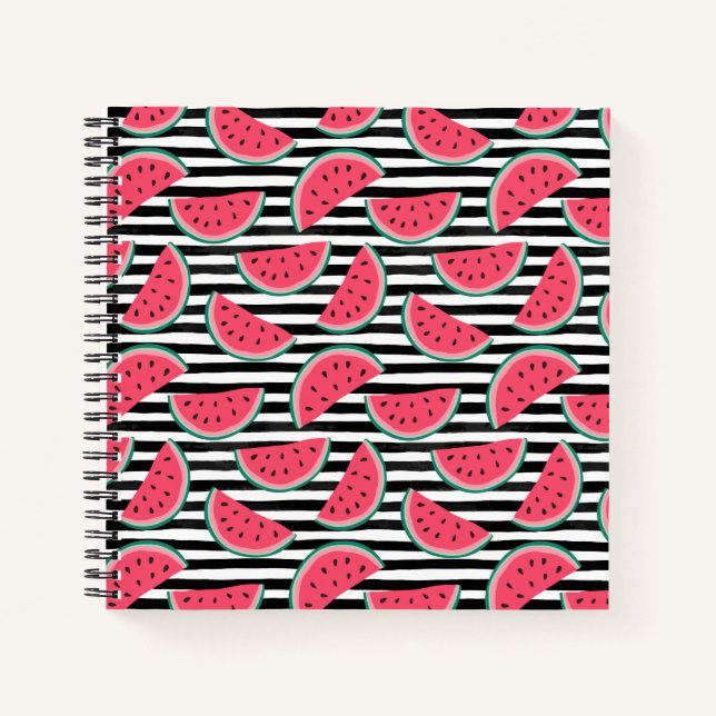 Sweet Watermelon on Stripes Black & White Pattern Notebook (Front)