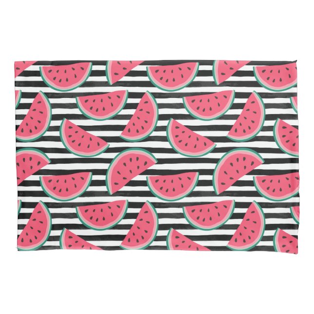 Sweet Watermelon on Stripes Black & White Pattern Pillowcase (Front-Left)