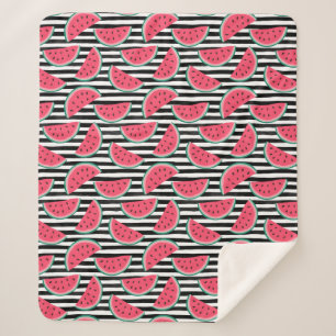 Sweet Watermelon on Stripes Black & White Pattern Sherpa Blanket