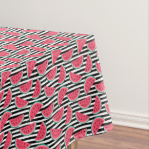 Sweet Watermelon on Stripes Black & White Pattern Tablecloth