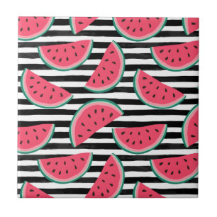 Sweet Watermelon on Stripes Black & White Pattern Tile