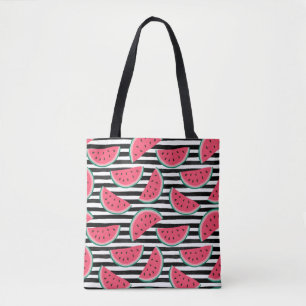 Sweet Watermelon on Stripes Black & White Pattern Tote Bag