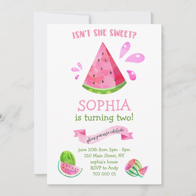 Sweet Watermelon Summer Birthday Girl Party Invitation (Front)