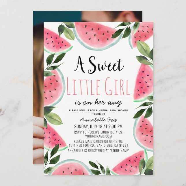 Sweet Watermelon Virtual Baby Shower Photo Invitation (Front/Back)