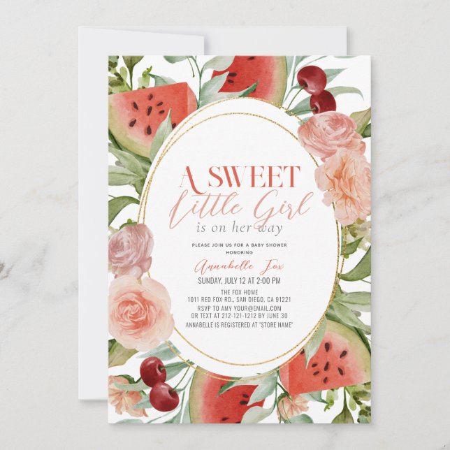 Sweet Watermelon Watercolor Floral Baby Shower Invitation (Front)