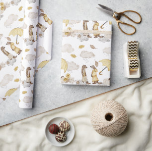 Sweet Weasels Umbrellas, Rain Boots Clouds Wrapping Paper