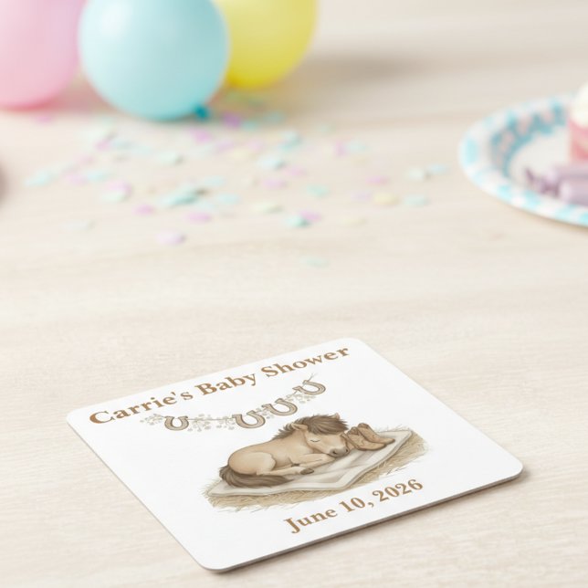 Sweet Western Baby Boots and Foal Baby Shower Square Paper Coaster (Sweet western baby boots and foal baby shower drink coaster)
