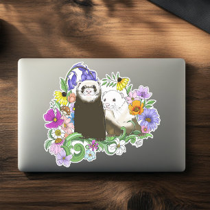Sweet Whimsical Blue Cute Floral Ferrets Pair