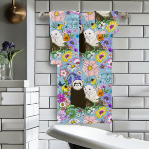 Sweet Whimsical Blue Cute Floral Ferrets Pair  Bath Towel Set