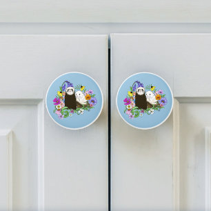 Sweet Whimsical Blue Cute Floral Ferrets Pair Ceramic Knob