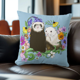 Sweet Whimsical Blue Cute Floral Ferrets Pair Cushion