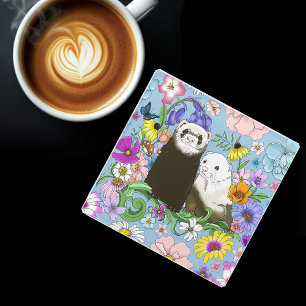 Sweet Whimsical Blue Cute Floral Ferrets Pair Glass Coaster